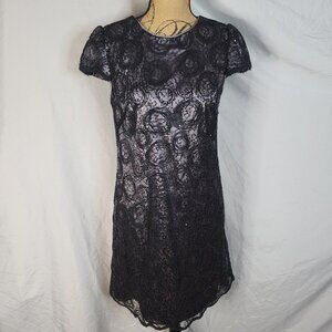 SUZI CHIN for Maggy Boutique Size 6 Black Sequins & Lace Overlay Shift Dress EUC